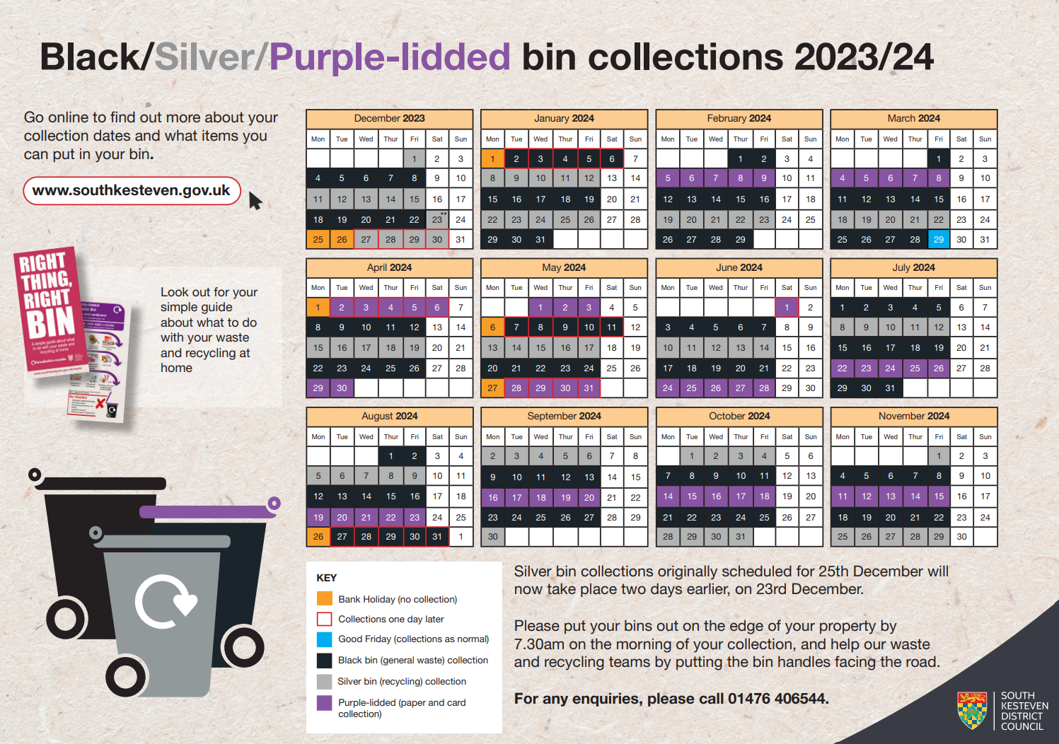 Black, Silver, Purple-lidded bin collections 2024