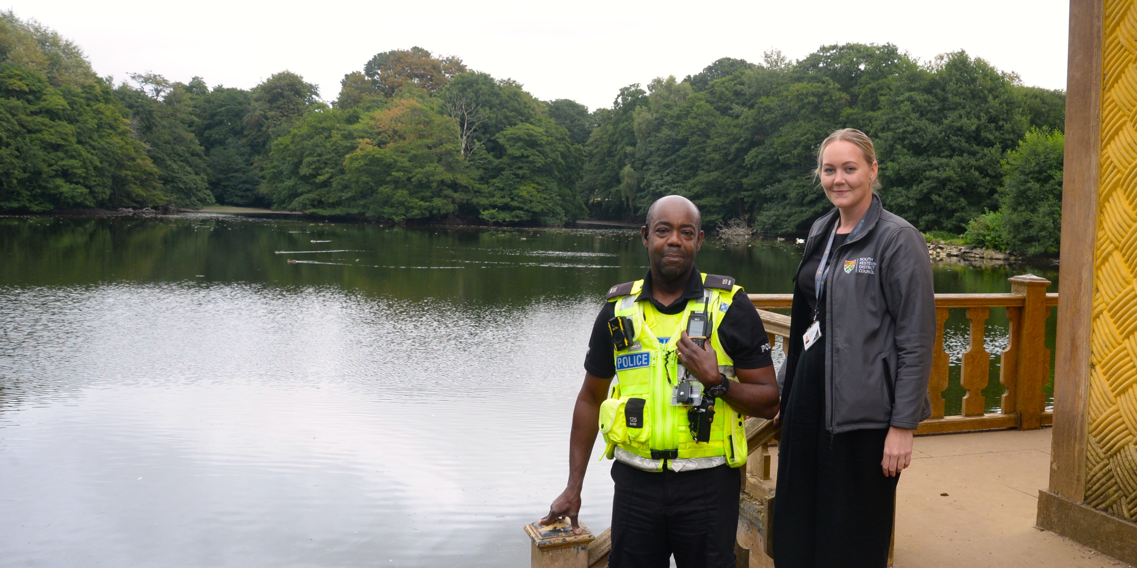 Grantham Neighbourhood Policing Team Community Beat Officer PC Mark Barr, and SKDC’s Senior Neighbourhoods Officer Kati Conway at the lake at Belton House, where youngsters are known to swim after hours.