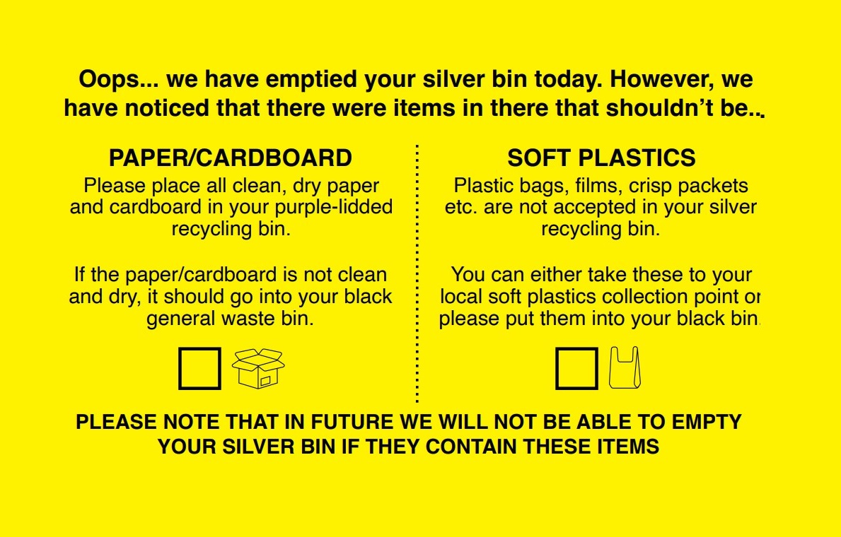 Yellow advisory tag for silver bins in South Kesteven