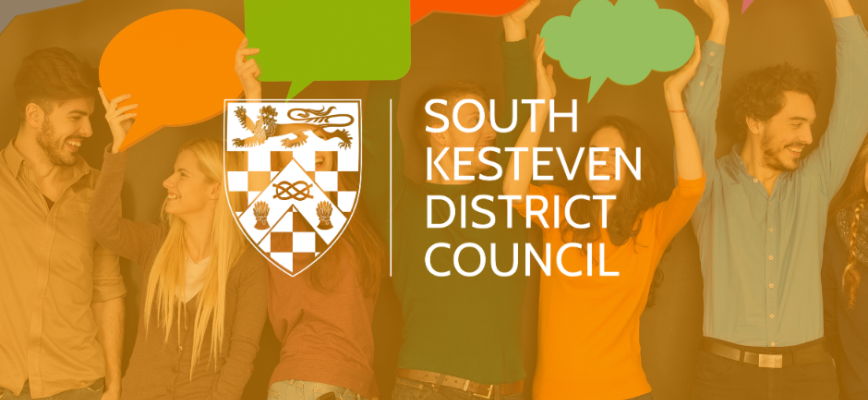 People holding speech bubble signs. Yellow screen overlaid. South Kesteven District Council logo overlaid. 