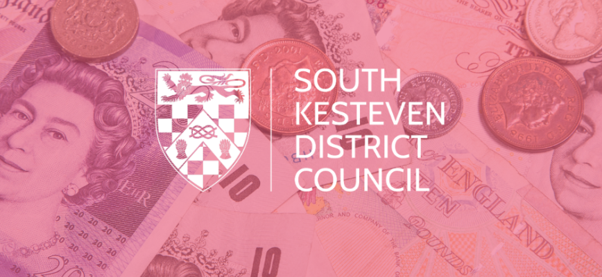 Image of British notes and change. Pink screen overlaid. South Kesteven District Council logo in centre.