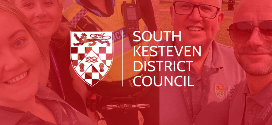 Selfies of SKDC staff on public protection patrols. Red screen overlaid. South Kesteven District Council logo in centre.