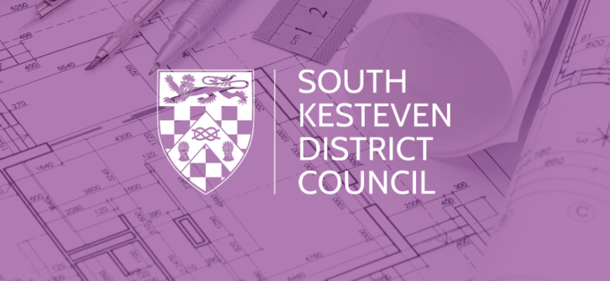 Blueprints rolled up in the background. Purple screen overlaid. South Kesteven District Council logo. 