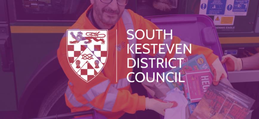 Waste Team at SKDC holding rubbish near a wheelie bin and lorry. Purple screen overlaid. South Kesteven District Council logo in the centre. 